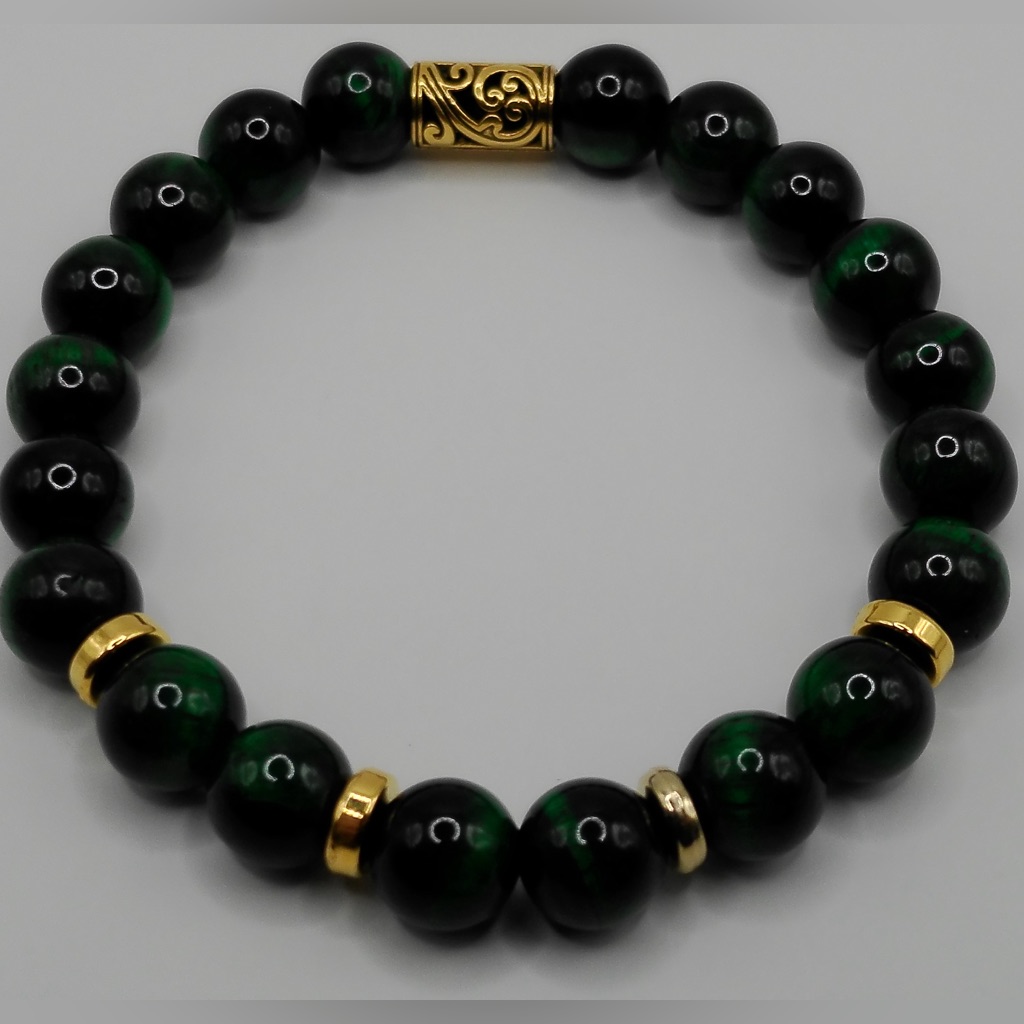 Wicked Tigers Eye Green Gemstone Bracelet With Golden Bling